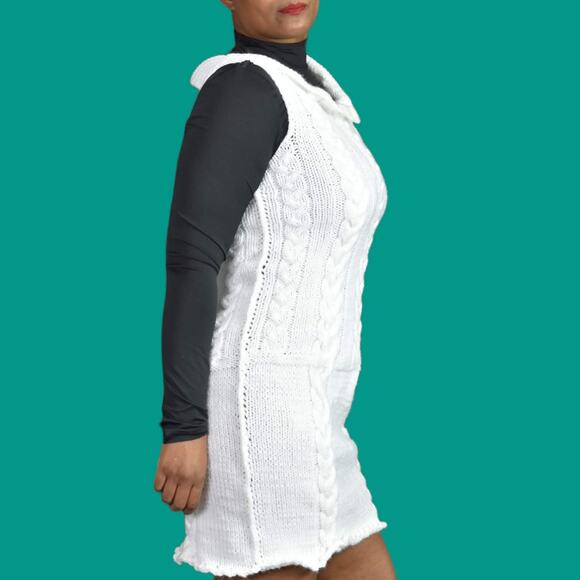 Sweater Knit Dress White Handmade Chunky Cable Sleeveless Mini Pencil Size Small - Picture 4 of 12